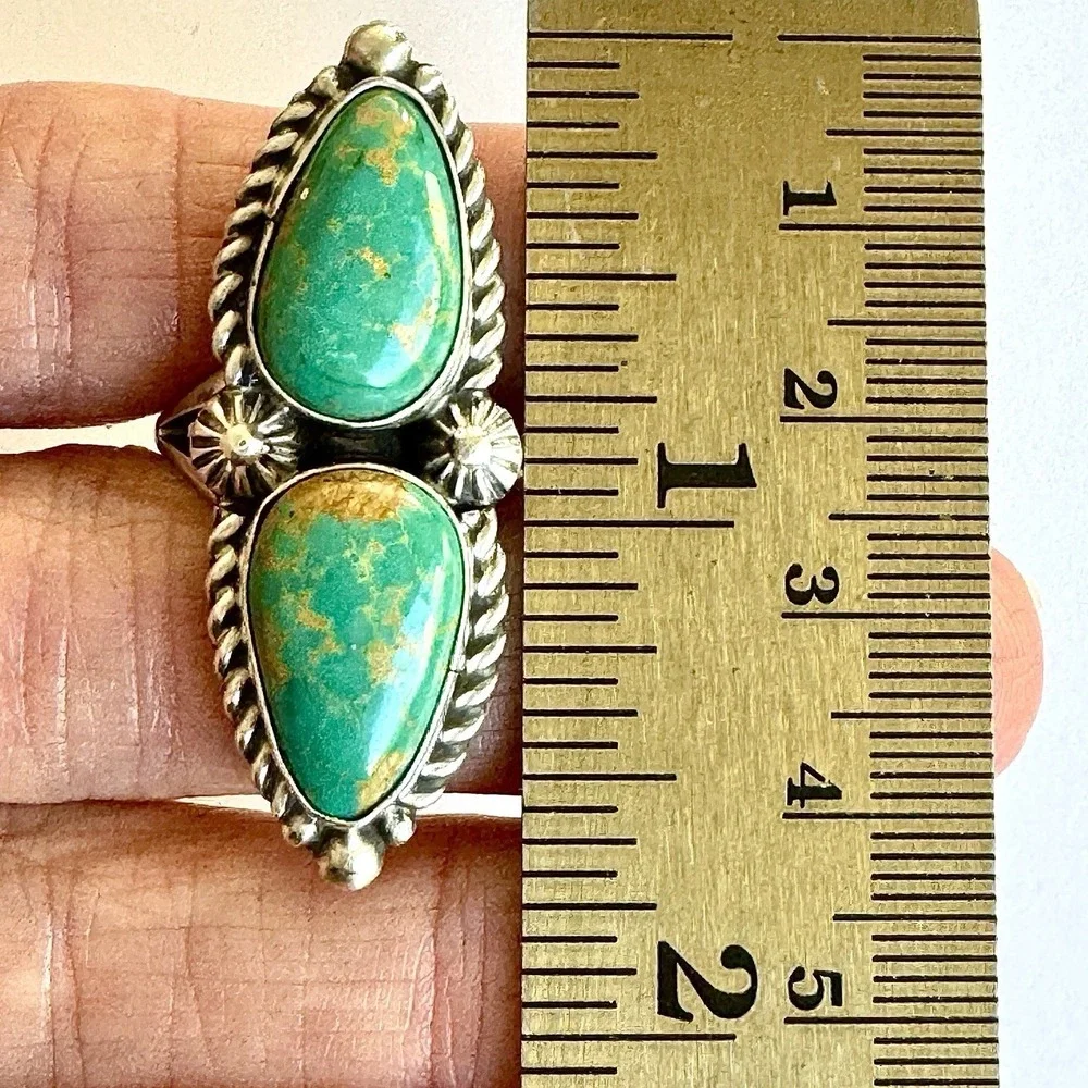 Navajo Turquoise‎ Ring Two Stone Size 8.5 Signed Shakey Long Sterling
